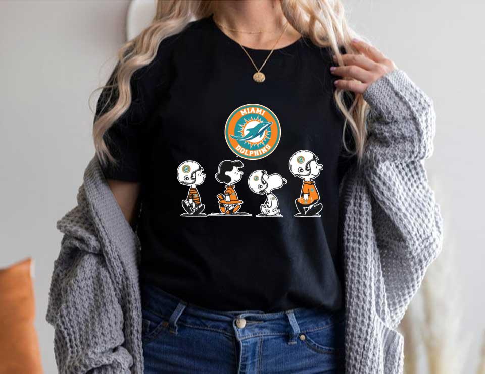 Snoopy Dolphins Walking Shirt, The Peanut Character Charlie Brown And Snoopy Walking With Miami Dolphins Baseball Shirt