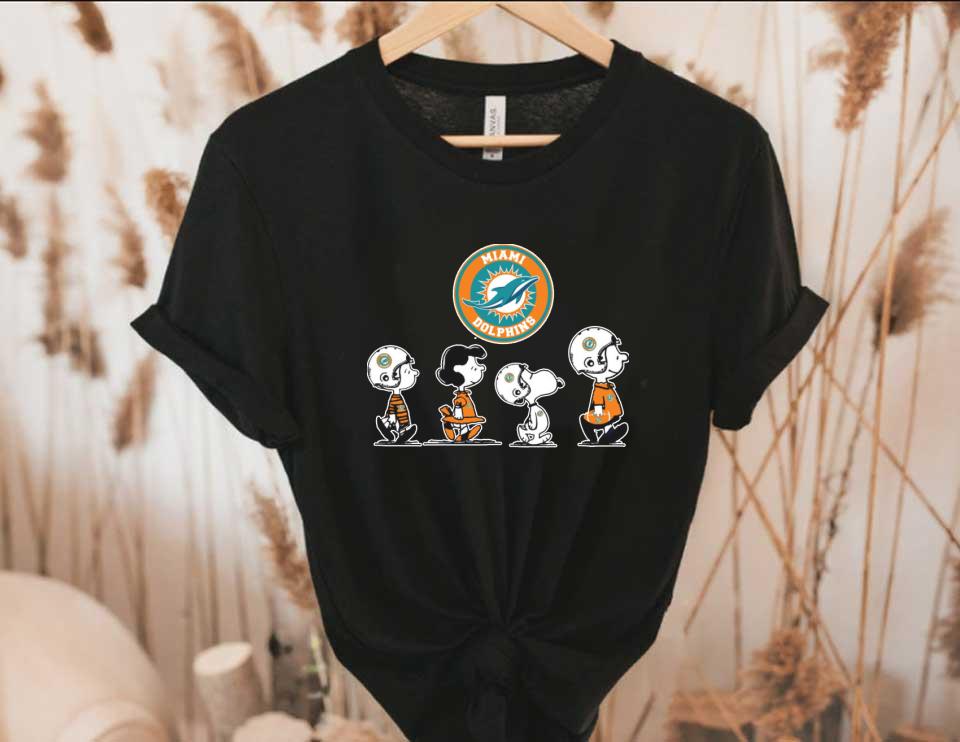 Snoopy Dolphins Walking Shirt, The Peanut Character Charlie Brown And Snoopy Walking With Miami Dolphins Baseball Shirt