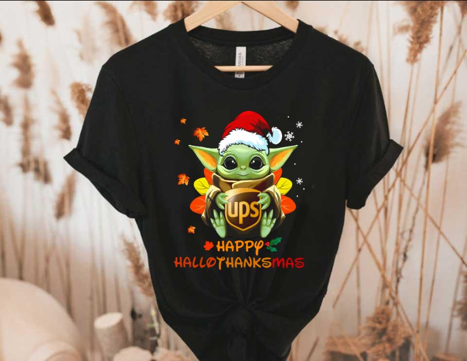 Star Wars Baby Yoda Hug UPS Shirt, Santa Baby Yoda Hug UPS Logo Happy Hallothanksmas Shirt