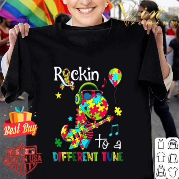 Dinosaur T Rex Rockin to a different tune Autism awareness shirt