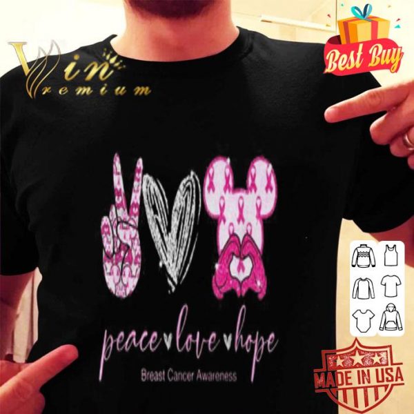 Mickey head peace love hope Breast Cancer awareness shirt