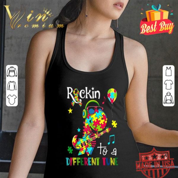 Dinosaur T Rex Rockin to a different tune Autism awareness shirt