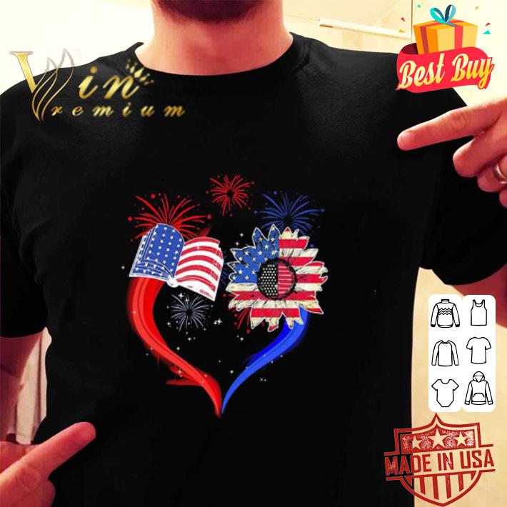 Love Book And Sunflower American Flag 4th Of July Day Heart shirt