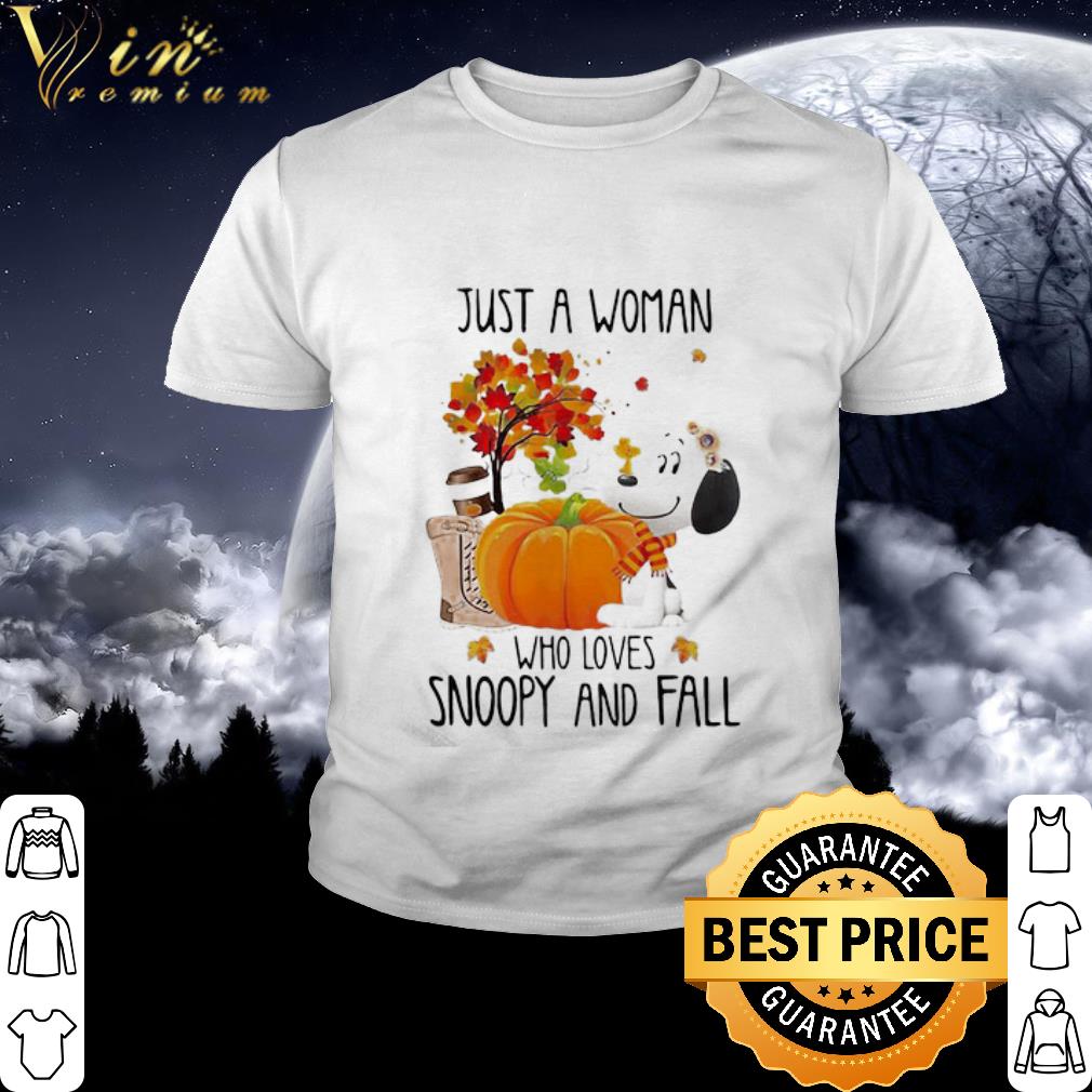 Original Just A Woman Who Loves Snoopy And Fall Pumpkin Maple Leaves shirt