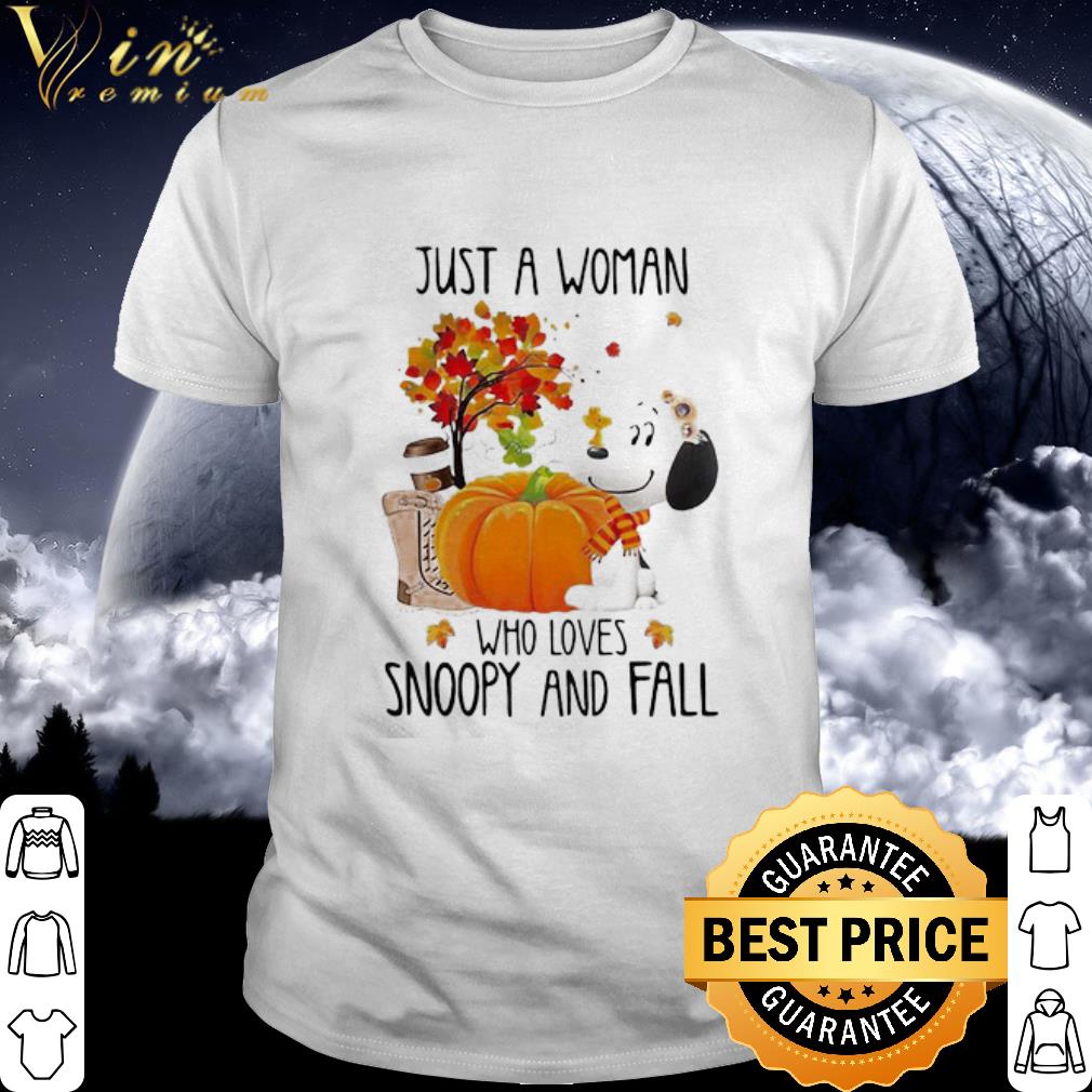 Original Just A Woman Who Loves Snoopy And Fall Pumpkin Maple Leaves shirt