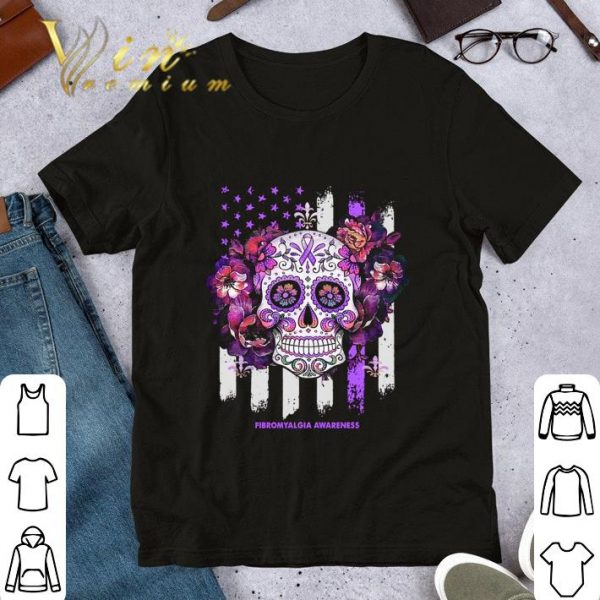 Best Sugar Skull Fibromyalgia Awareness American Flag shirt