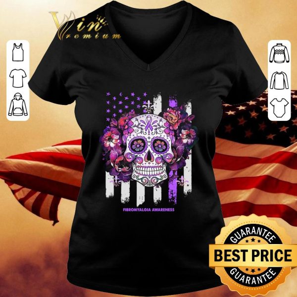 Best Sugar Skull Fibromyalgia Awareness American Flag shirt