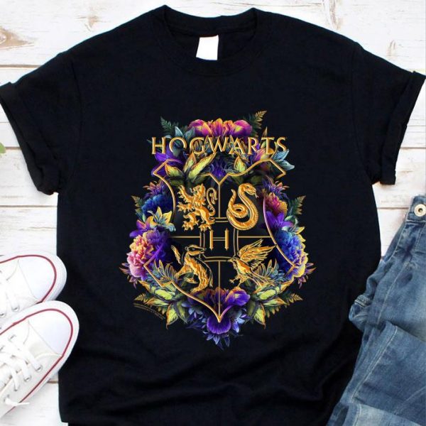 Awesome Harry Potter Hogwarts Multi-Colored Floral Crest shirt