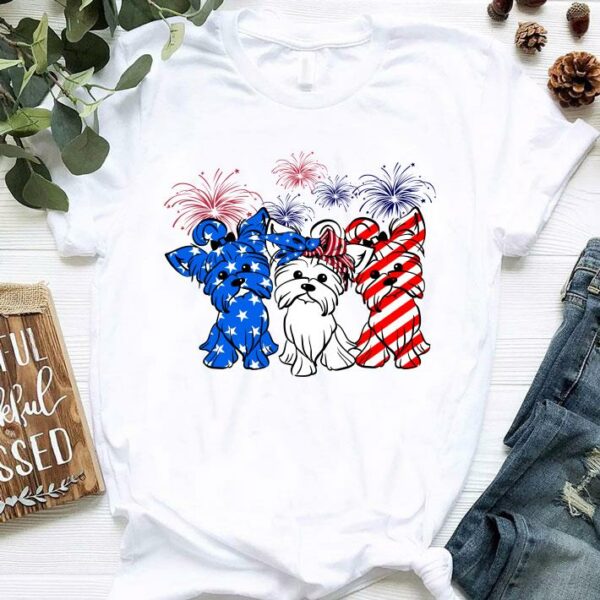 Official Fireworks Yorkshire Terrier red white and blue American flag shirt