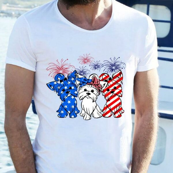 Official Fireworks Yorkshire Terrier red white and blue American flag shirt