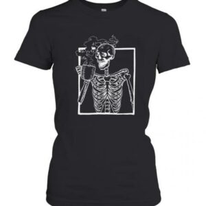 Drinking Coffee Skeleton Halloween Horror Scary Monster Tshirt 1