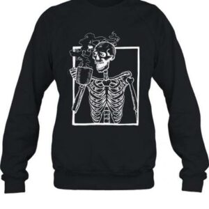 Drinking Coffee Skeleton Halloween Horror Scary Monster Tshirt 2
