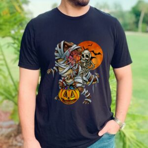 Skeleton Riding Mummy T Rex Halloween T-Shirt 1