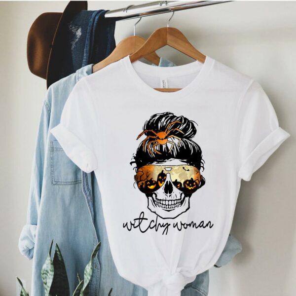 Witchy Woman Halloween Fall Skull Bun Spider  Tshirt