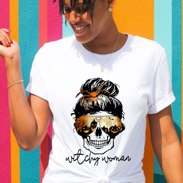Witchy Woman Halloween Fall Skull Bun Spider  Tshirt