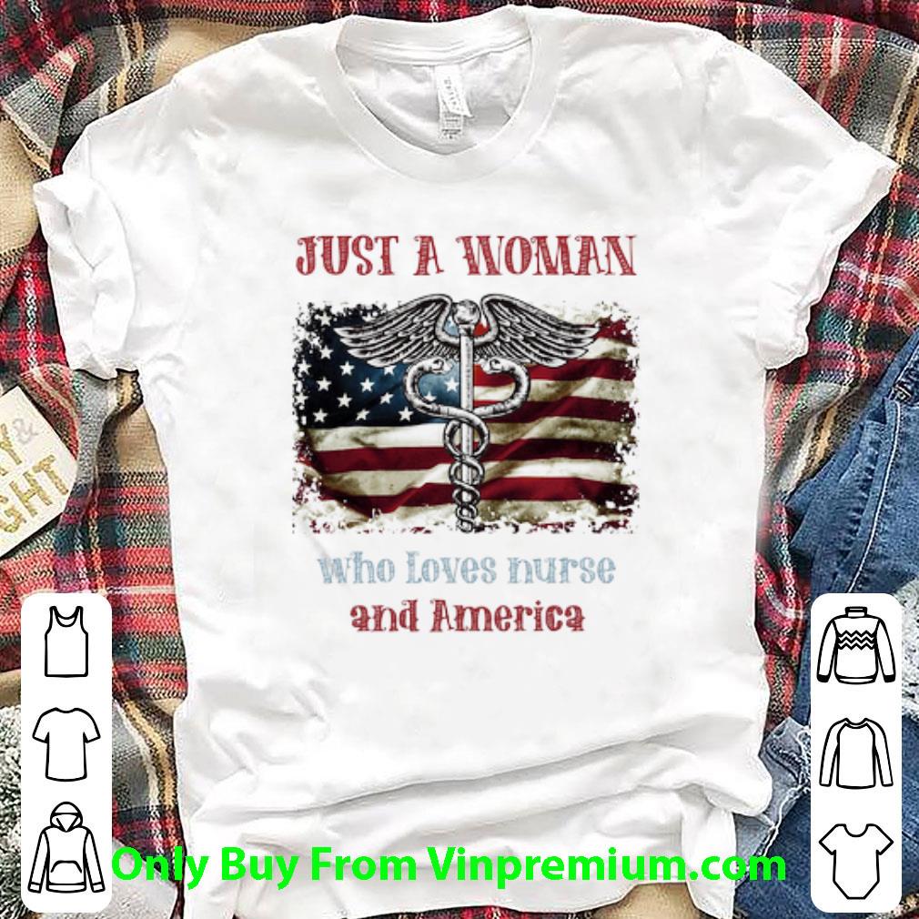 Hot Just A Wowan Who Loves Nurse Logo And America 4th Of July shirt