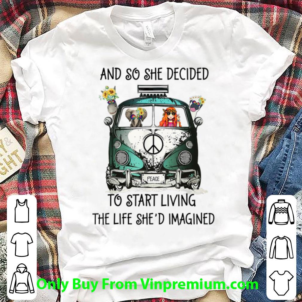 Awesome And So She Decided To Start Living The Life She Imagined Peace Hippie Bus Girl And Elephant shirt