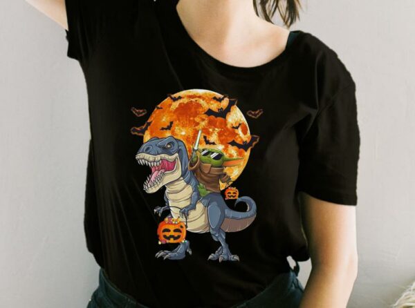 Star Wars Baby Yoda Riding Dinosaur T-rex Pumpkin Moon Halloween Women Shirt, Kid Shirt