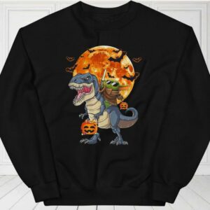 Star Wars Baby Yoda Riding Dinosaur T-rex Pumpkin Moon Halloween For Fan Shirt 2
