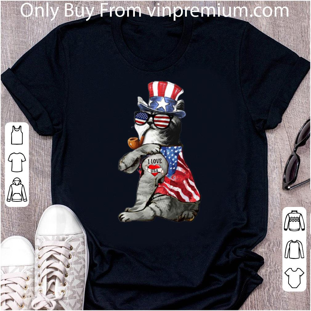 Premium Cat Uncle Sam Tattoo I Love Us Heart The American Flag shirt