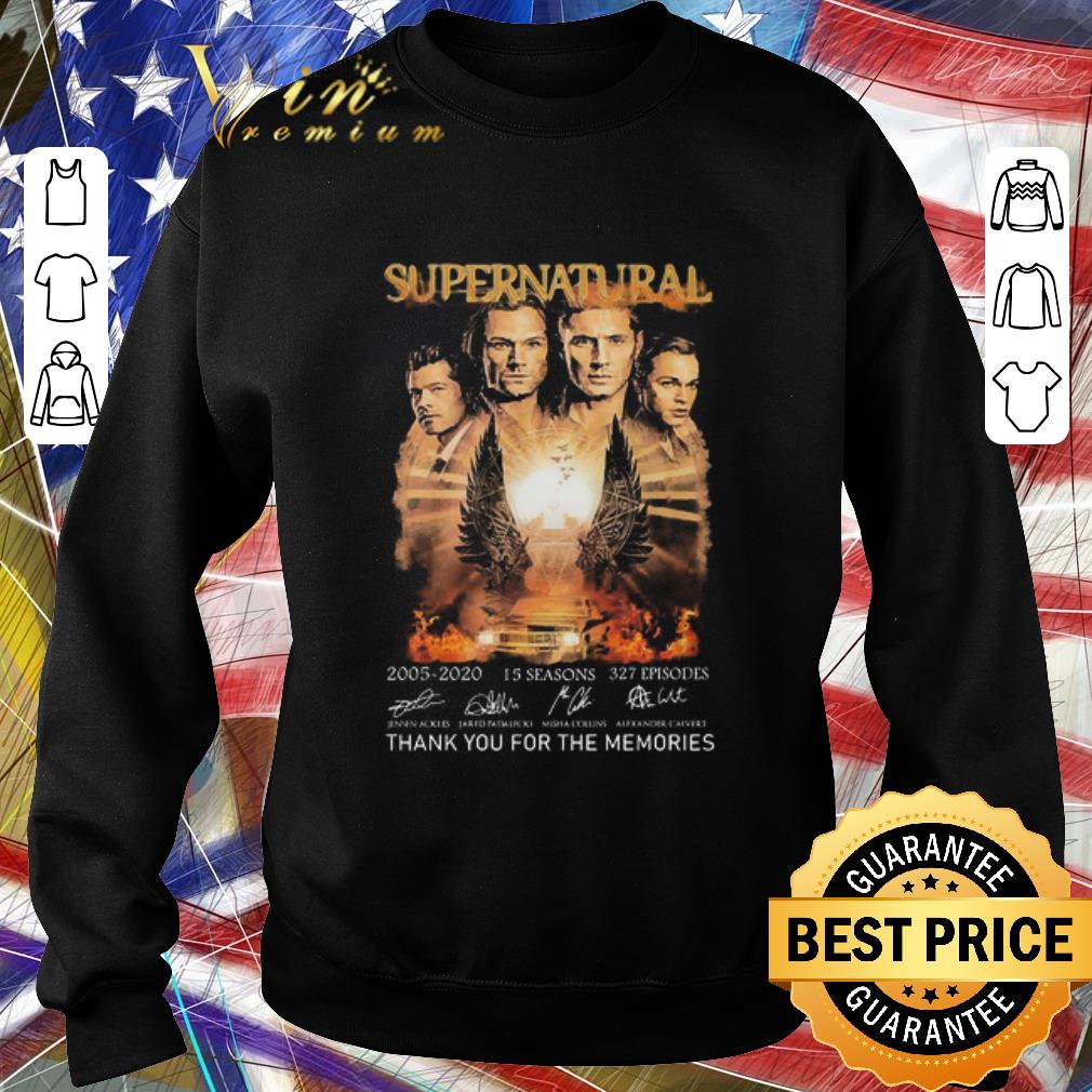 c33384cf top supernatural 2005 2020 15 seasons 327 episodes thank you for the memories signatures shirt 4 - Top Supernatural 2005 2020 15 Seasons 327 Episodes Thank You For The Memories Signatures shirt