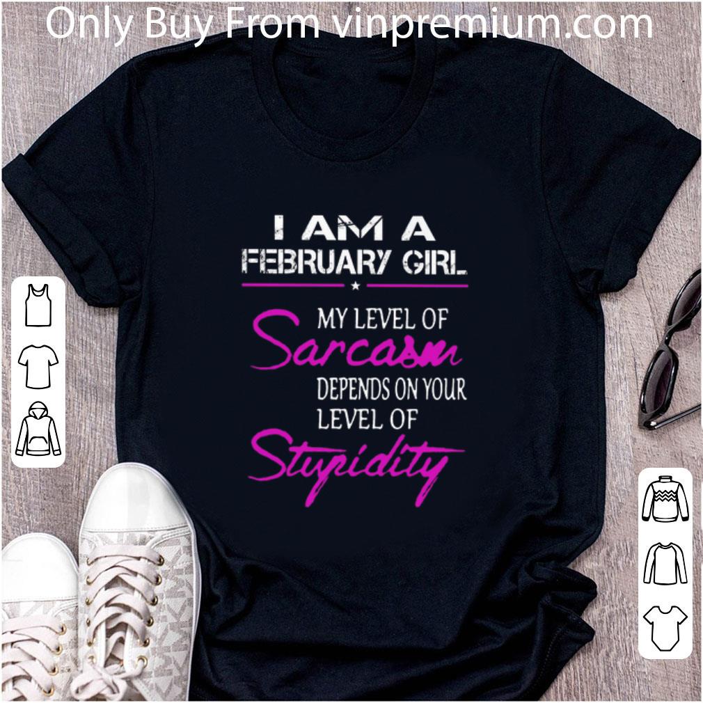 Great I am a february girl my level of sarcasm depends on stupidity shirt