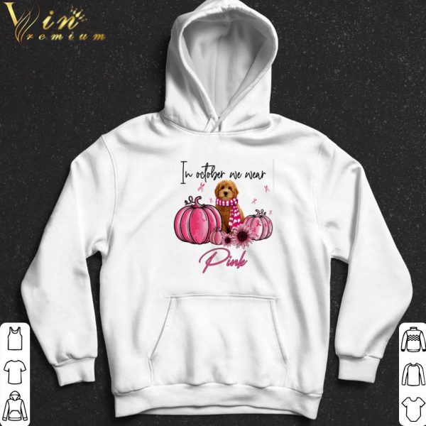 Goldendoodle in October we wear Pink Breast Cancer Pumpkin shirt 2