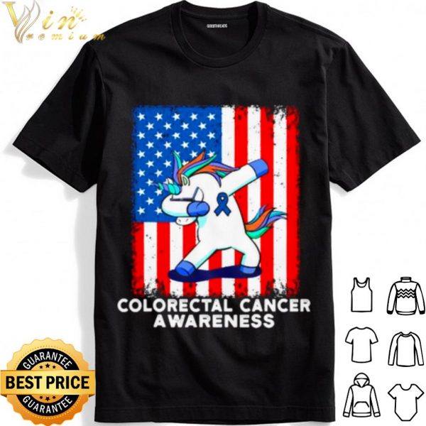 Colorectal Cancer Awareness American Flag Unicorn Dabbing shirt 1