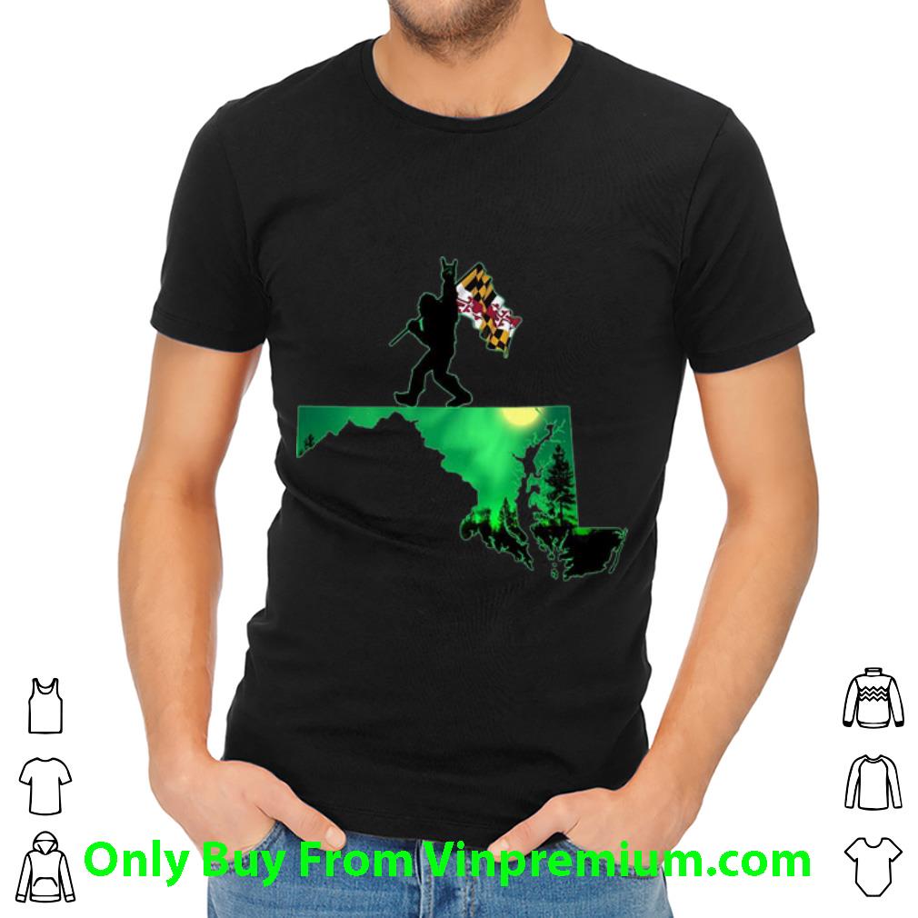 Pretty Bigfoot Moonlit Night Maryland Map Flag shirt