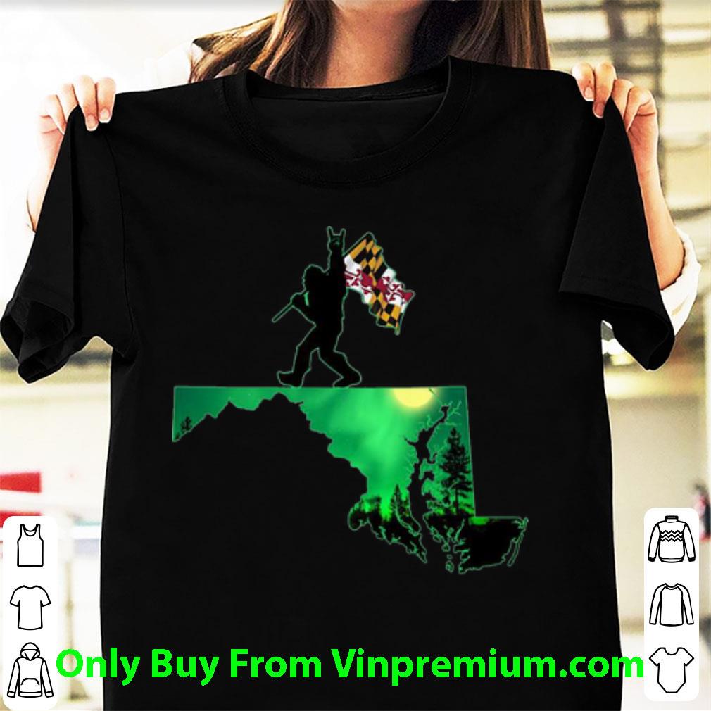 Pretty Bigfoot Moonlit Night Maryland Map Flag shirt
