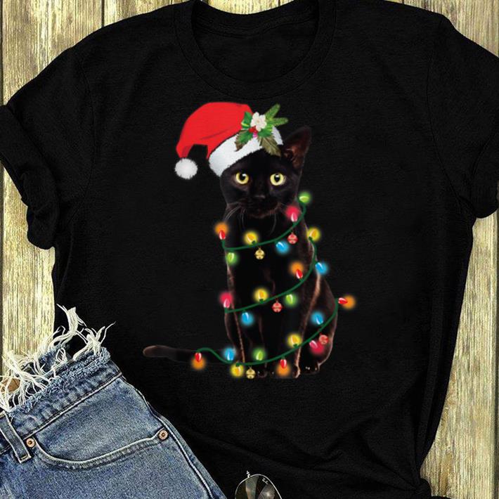 Official Black Santa Cat Tangled Up In Lights Christmas Santa shirt