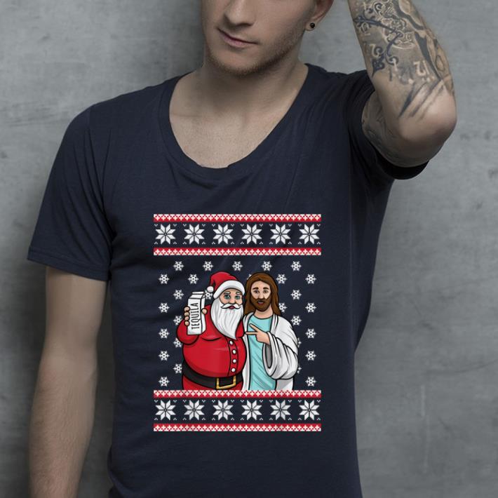 Pretty Christmas Graphic Santa and Jesus Jingle Bros Tequila Ugly shirt