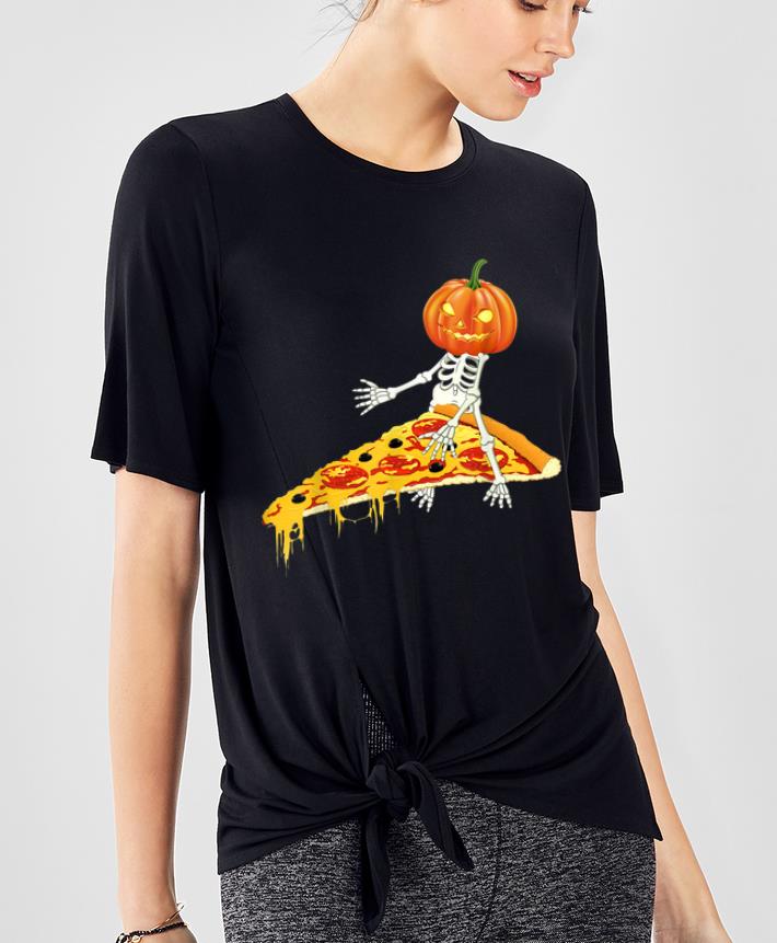 Pretty Pumpkin Skeleton Riding a Pizza Halloween shirt