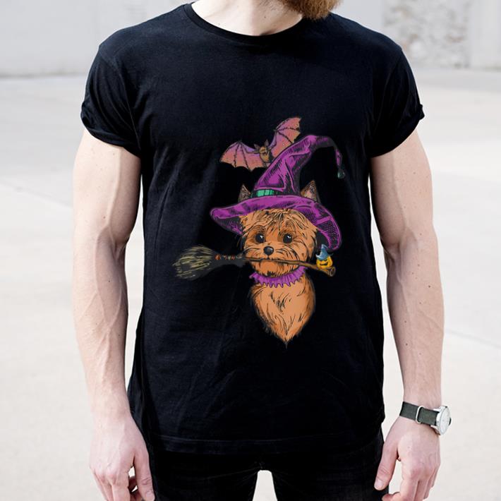 Top Yorkie Witch with Broom Dog Owners Halloween gifts shirt