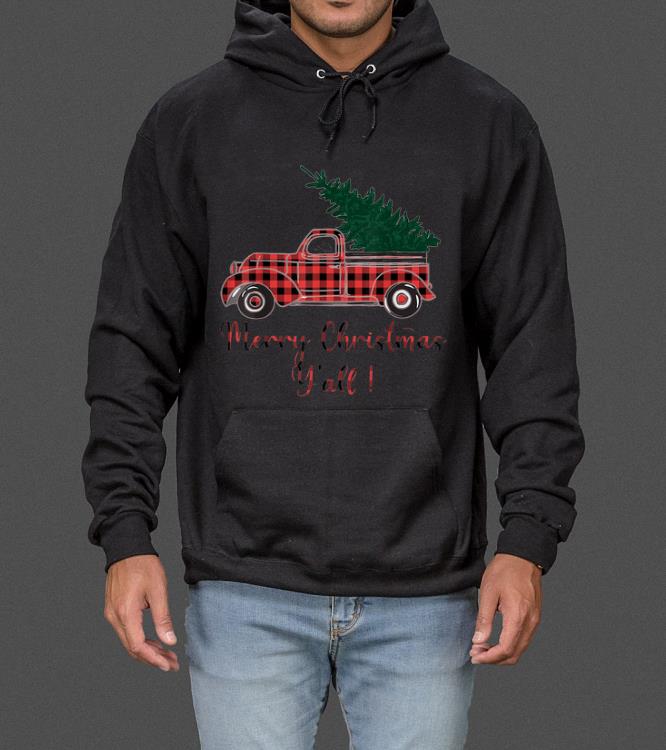 Hot Merry Christmas Y'all Costume Red Plaid Truck Xmas Tree sweater