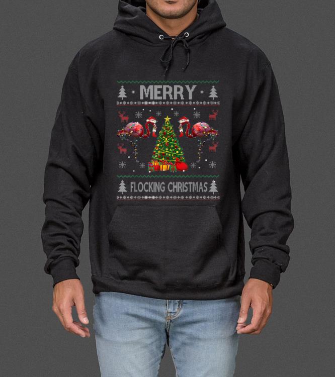 Premium Merry Flocking Christmas Flamingo Pink In Santa Hat Ugly sweater