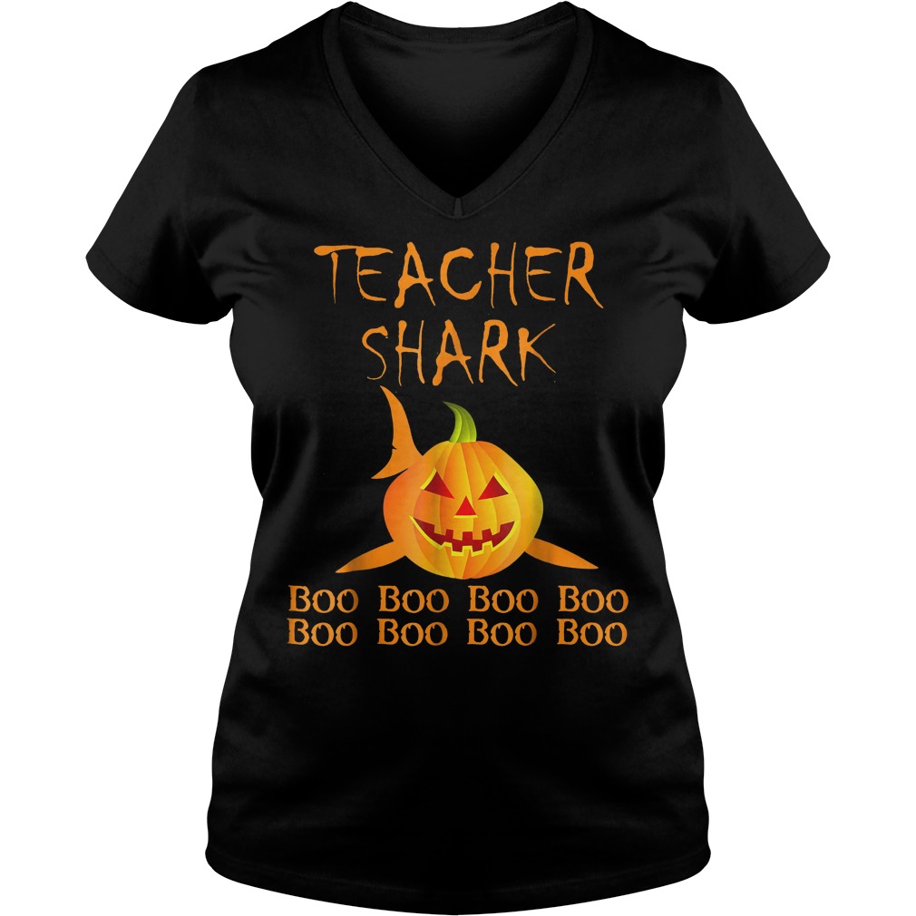 Teacher shark pumpkin halloween shirt 4 Teacher shark pumpkin halloween shirt Ladies V-Neck
