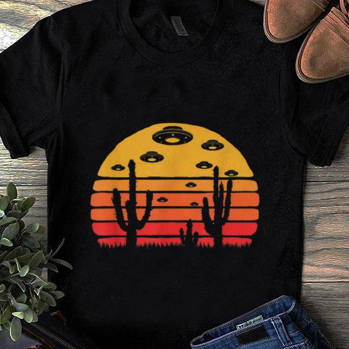 Pretty Retro UFO And Desert Cactus Visitors At Sunset - Believe! shirt