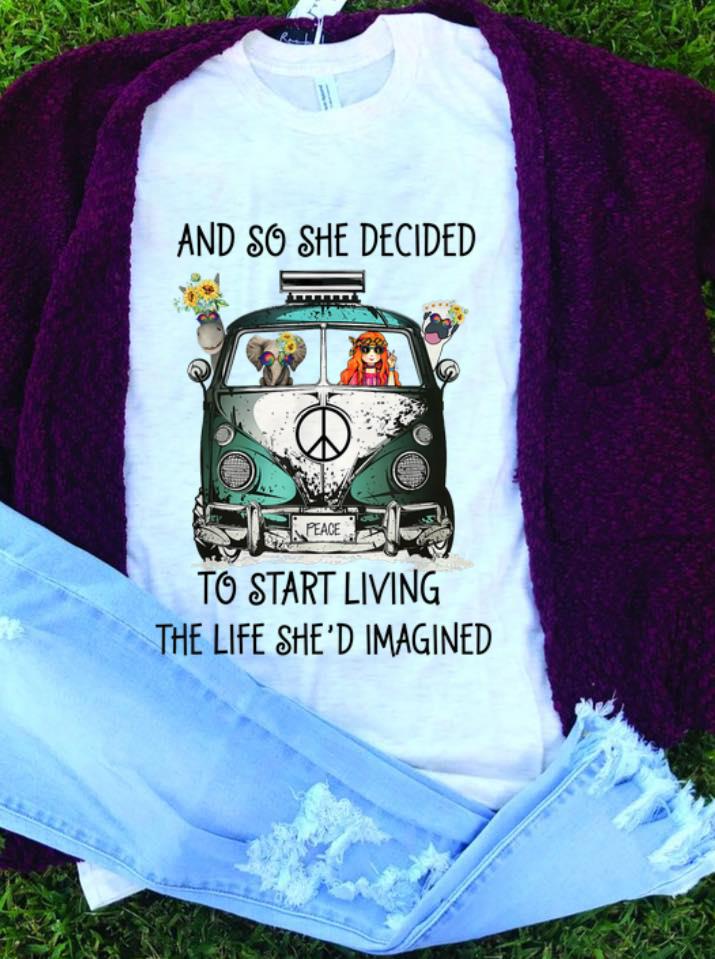  Best price And So She Decided To Start Living The Life She Imagined Peace Hippie Bus Girl And Elephant shirt