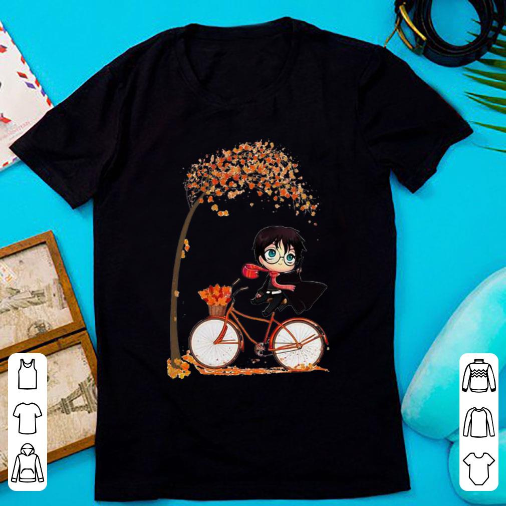 Awesome Harry Potter Chibi Riding Bicycle Autumn Leaf Tree shirt