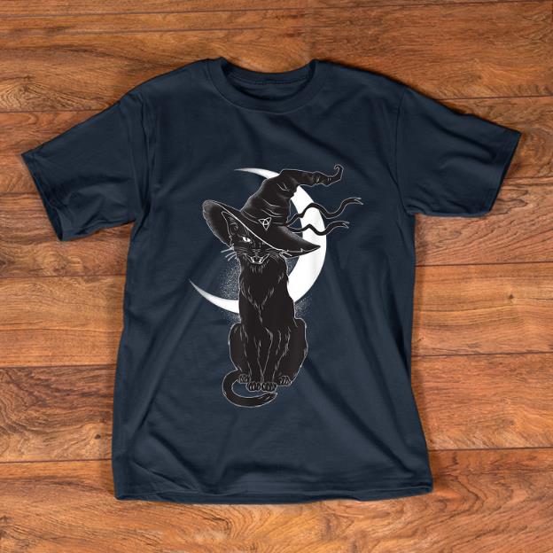 Premium Scary Halloween Black Cat Costume Witch Hat And Moon shirt