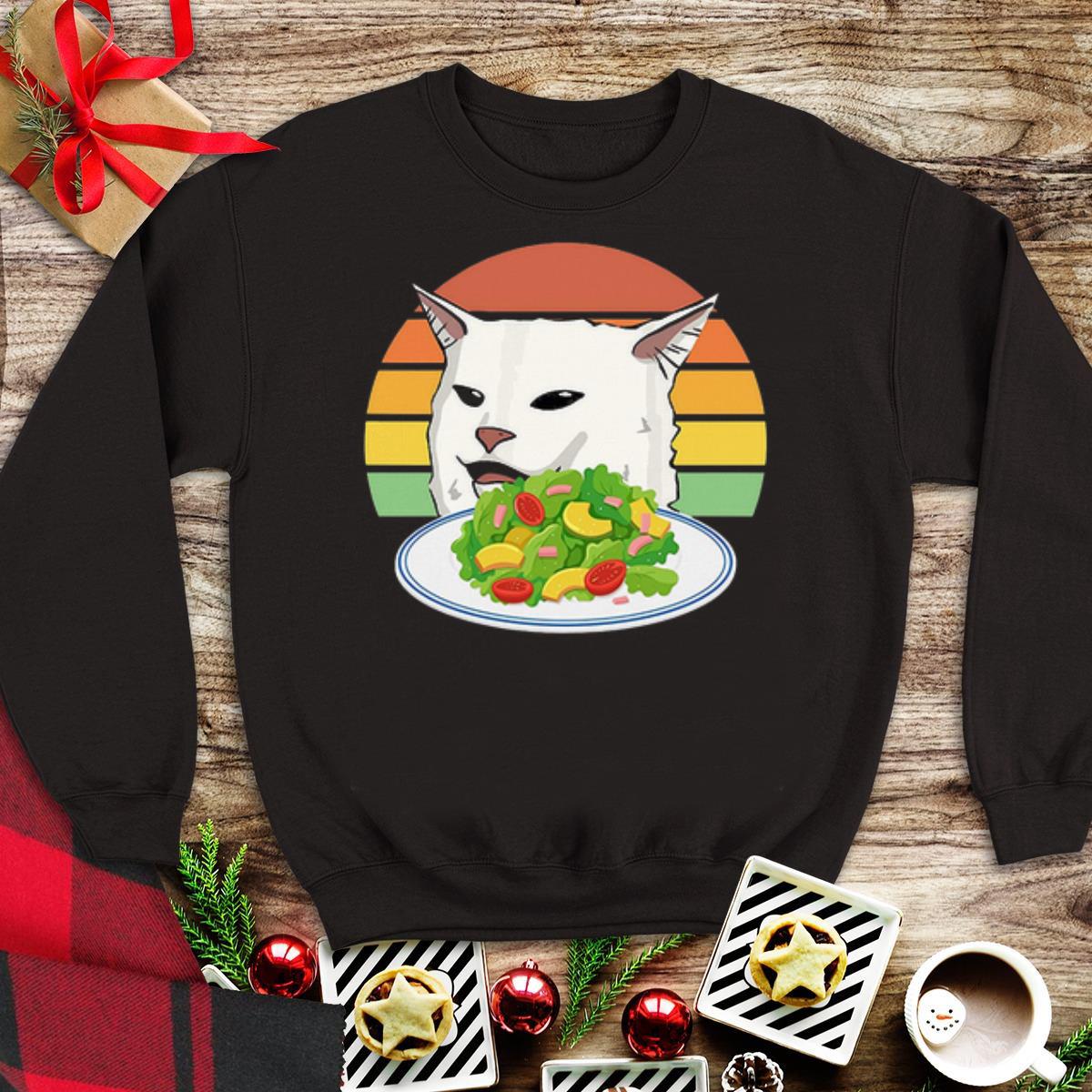 Awesome Angry woman yelling at confused cat at dinner table meme shirt