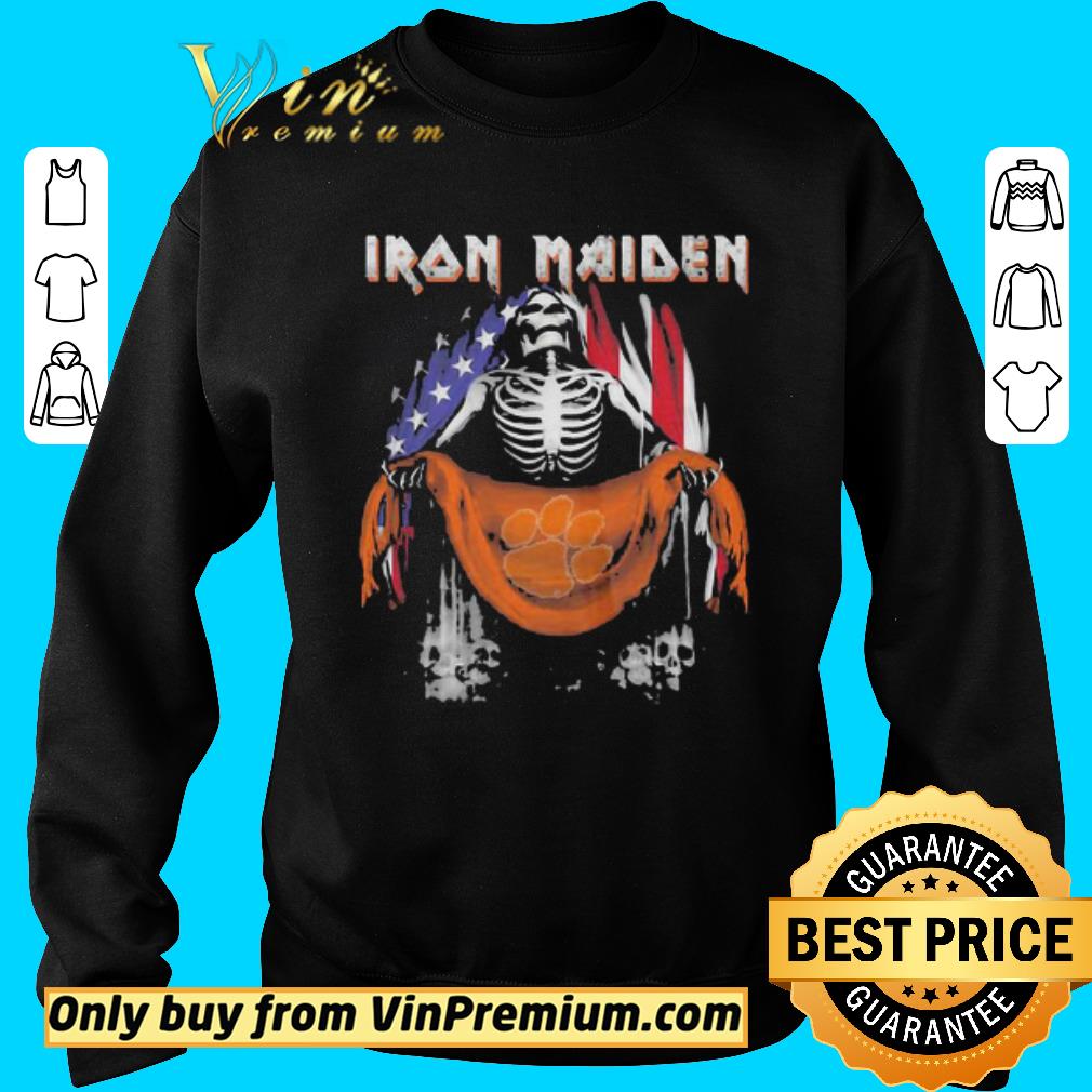 Premium Skeleton Iron Maiden Clemson Tigers Logo American Flag Independence Day shirt