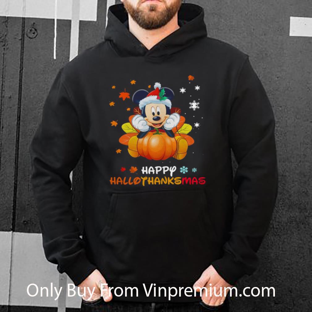 Nice Disney Mickey Pumpkin Halloween And Merry Christmas Happy Hallothanksmas shirt