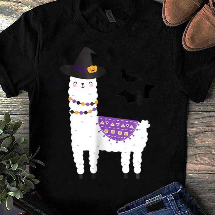 Top Funny Llama Alpaca Halloween Witch Llama Bats Tee shirt