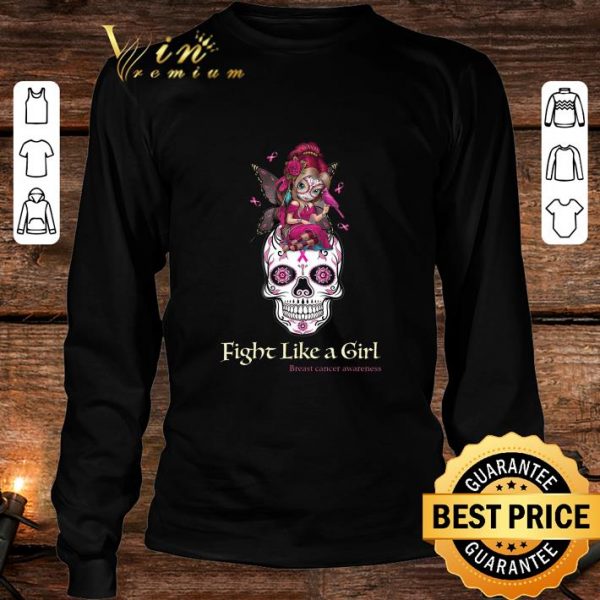 Hot Tattoo Girl Sugar skull Fight Like A Girl Breast Cancer awareness shirt 3