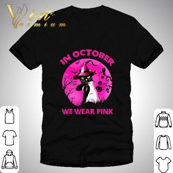 Witch Cat In October We Wear Pink Breast Cancer Halloween shirt 1