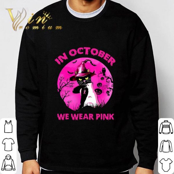 Witch Cat In October We Wear Pink Breast Cancer Halloween shirt 3