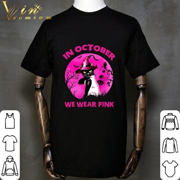 Witch Cat In October We Wear Pink Breast Cancer Halloween shirt 2