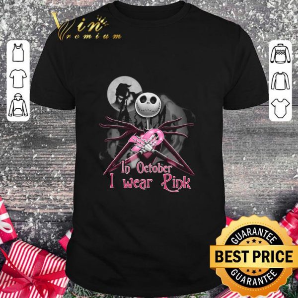 Premium Jack Skellington hug Breast Cancer in october i wear pink shirt 1